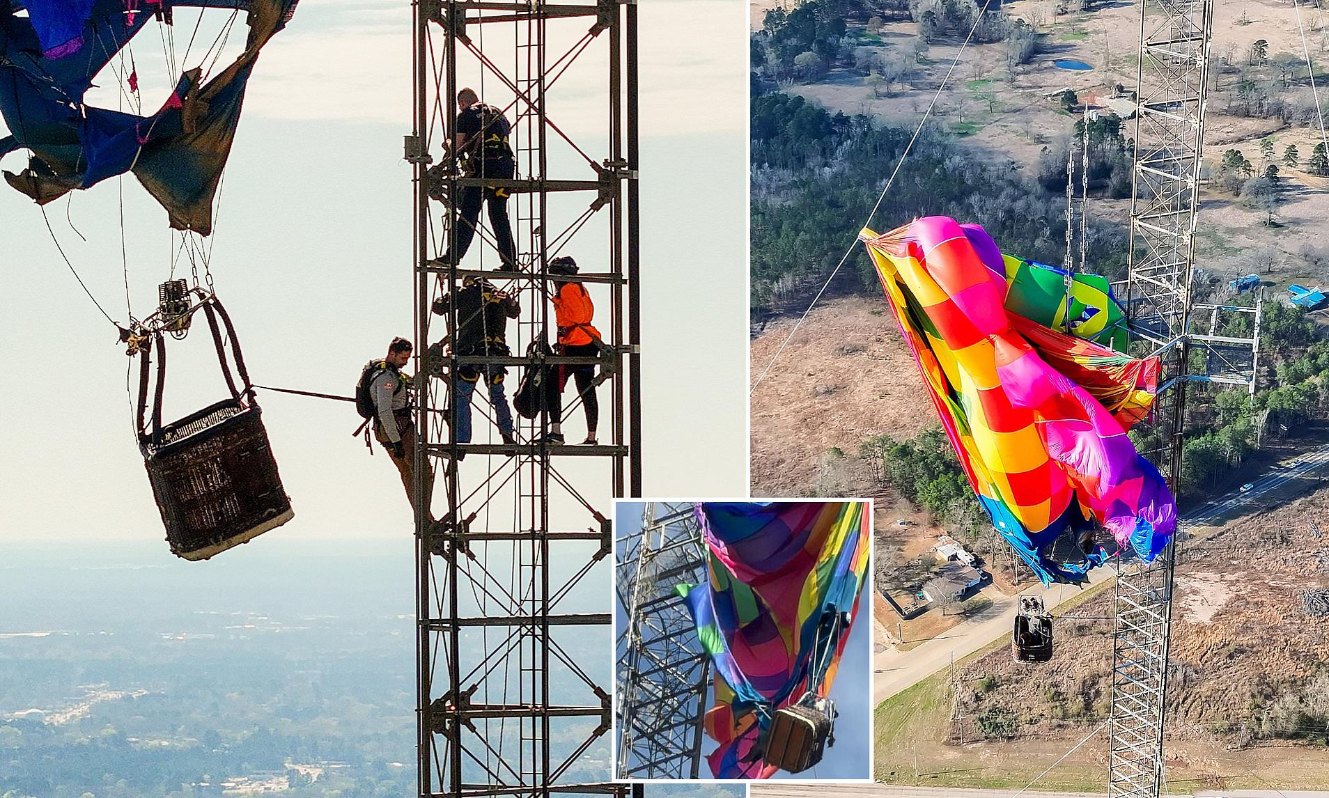Incredible moment two people rescued from hot air balloon after striking radio tower in Texas